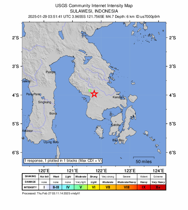 USGS DYFI community-reported intensity map for the M4.7 earthquake near 84 km W of Kendari, Indonesia