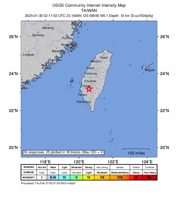 USGS DYFI community-reported intensity map for the M5.1 earthquake near 12 km ENE of Yujing, Taiwan