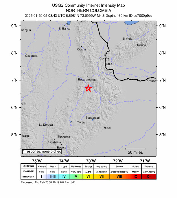 USGS DYFI community-reported intensity map for the M4.6 earthquake near 3 km S of Jordán, Colombia