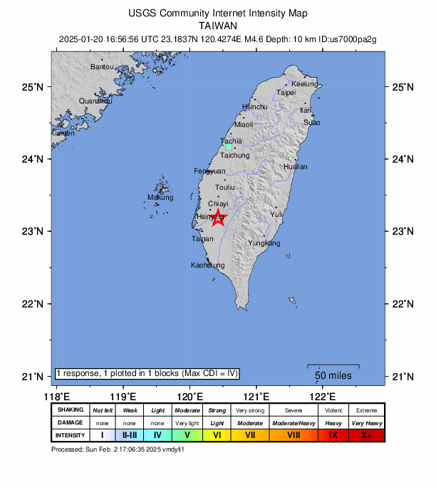 USGS DYFI community-reported intensity map for the M4.6 earthquake near 7 km NNW of Yujing, Taiwan