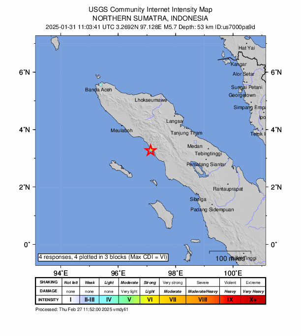 USGS DYFI community-reported intensity map for the M5.7 earthquake near 58 km SSE of Blangpidie, Indonesia