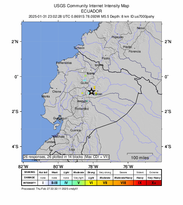 USGS DYFI community-reported intensity map for the M5.5 earthquake near 32 km W of Archidona, Ecuador