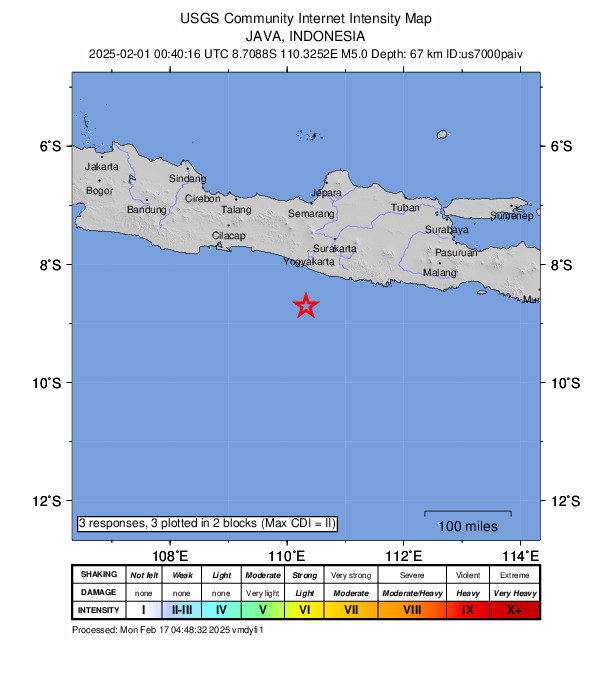 USGS DYFI community-reported intensity map for the M5.0 earthquake near 86 km S of Pundong, Indonesia