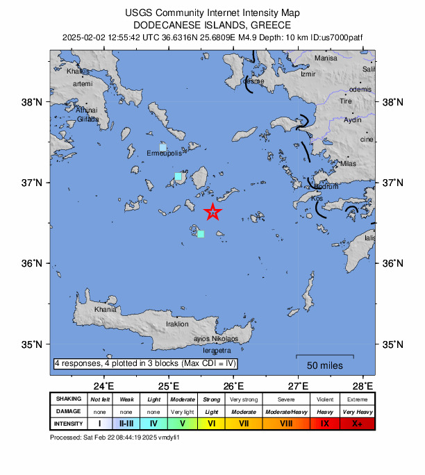 USGS DYFI community-reported intensity map for the M4.8 earthquake near 28 km SW of Amorgós, Greece