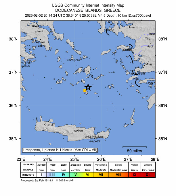 USGS DYFI community-reported intensity map for the M4.5 earthquake near 14 km NE of Oía, Greece