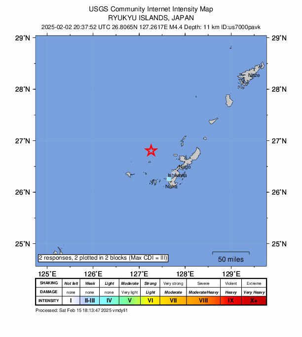 USGS DYFI community-reported intensity map for the M4.4 earthquake near 55 km W of Ie, Japan