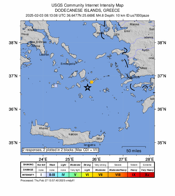 USGS DYFI community-reported intensity map for the M5.0 earthquake near 28 km SW of Amorgós, Greece