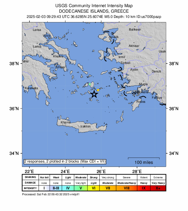 USGS DYFI community-reported intensity map for the M4.9 earthquake near 24 km NE of Firá, Greece