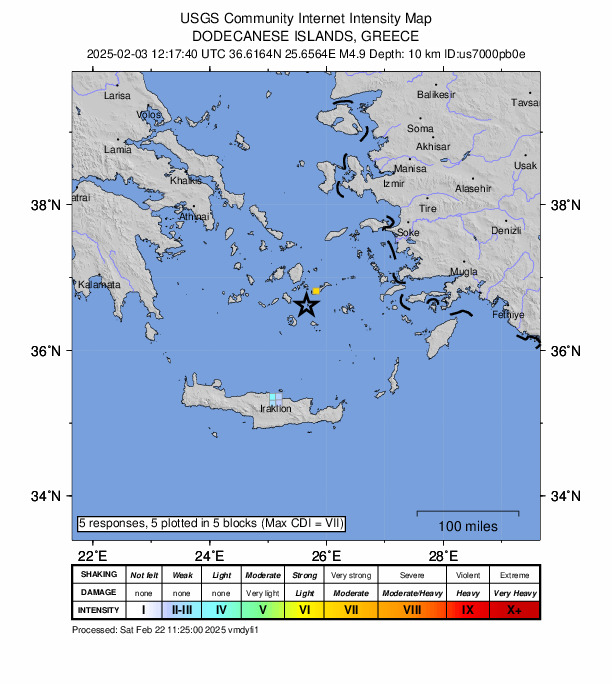 USGS DYFI community-reported intensity map for the M4.9 earthquake near 29 km NE of Firá, Greece