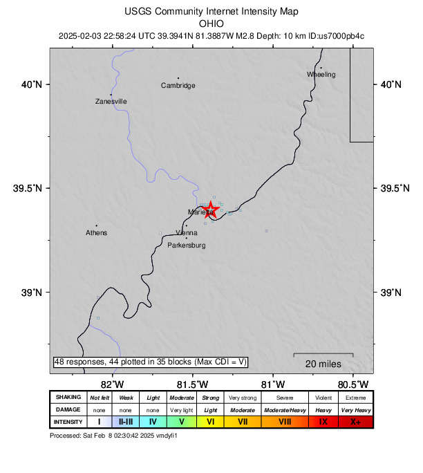 USGS DYFI community-reported intensity map for the M2.8 earthquake near 0 km NE of Reno, Ohio
