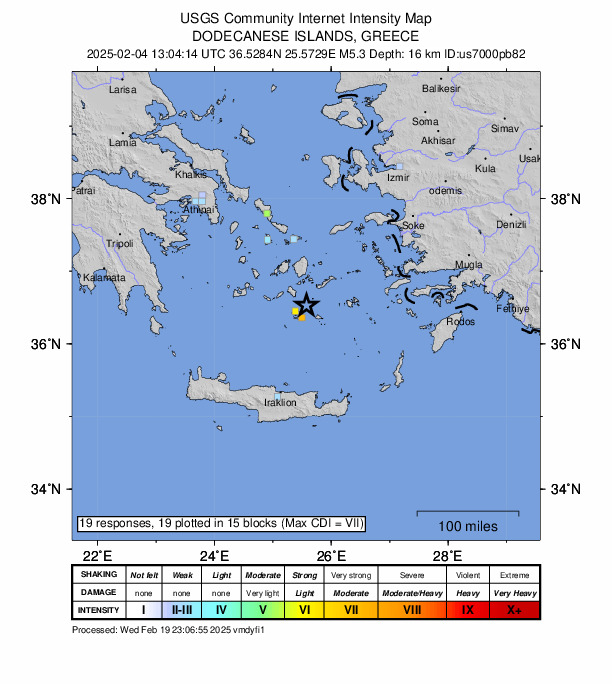 USGS DYFI community-reported intensity map for the M5.3 earthquake near 21 km NE of Firá, Greece