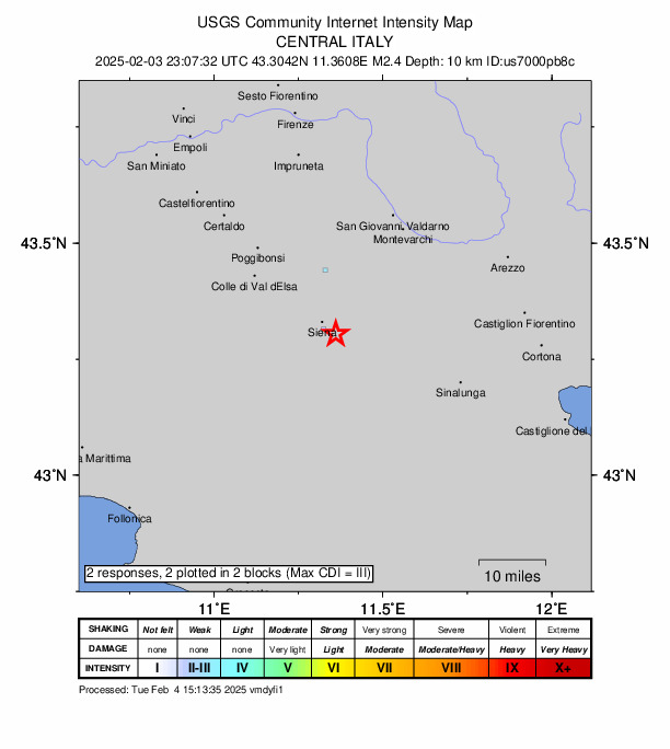 USGS DYFI community-reported intensity map for the M2.4 earthquake near 2 km ESE of Siena, Italy