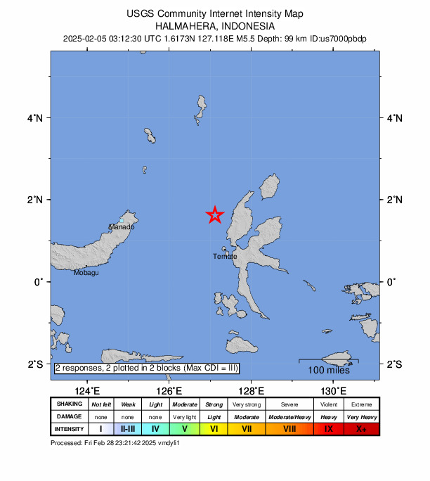USGS DYFI community-reported intensity map for the M5.5 earthquake near 96 km NNW of Ternate, Indonesia
