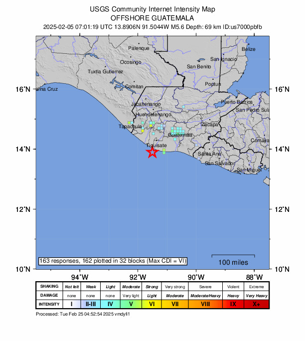 USGS DYFI community-reported intensity map for the M5.6 earthquake near 44 km SW of Nueva Concepción, Guatemala