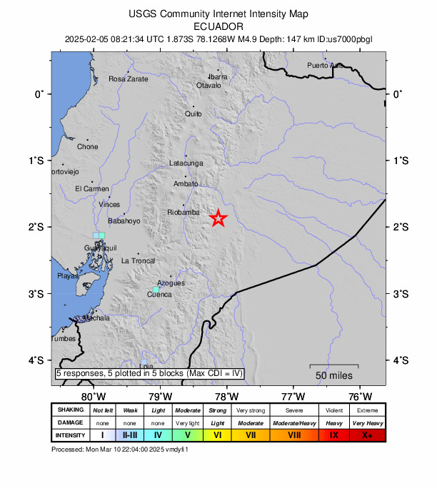 USGS DYFI community-reported intensity map for the M4.9 earthquake near 26 km SW of Palora, Ecuador