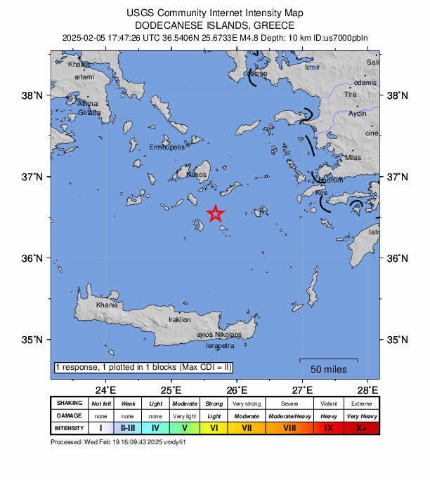 USGS DYFI community-reported intensity map for the M4.8 earthquake near 25 km ENE of Firá, Greece