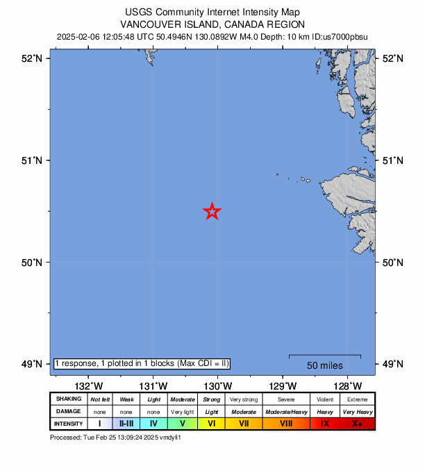 USGS DYFI community-reported intensity map for the M4.6 earthquake near 211 km W of Port McNeill, Canada