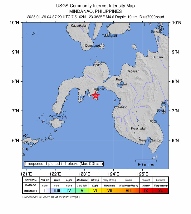 USGS DYFI community-reported intensity map for the M4.6 earthquake near 11 km S of San Pablo, Philippines