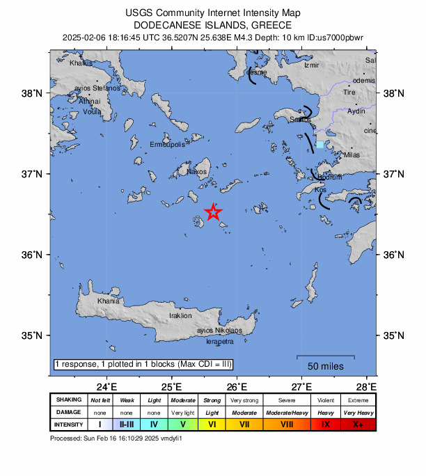 USGS DYFI community-reported intensity map for the M4.3 earthquake near 21 km ENE of Firá, Greece
