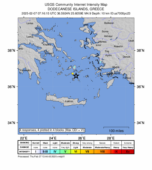 USGS DYFI community-reported intensity map for the M4.9 earthquake near 24 km NE of Firá, Greece