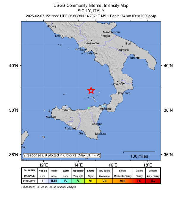USGS DYFI community-reported intensity map for the M5.2 earthquake near 39 km WSW of Leni, Italy