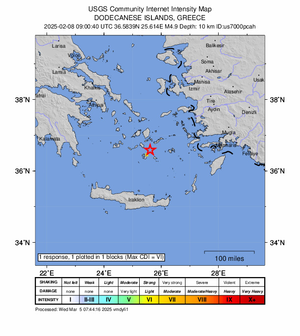 USGS DYFI community-reported intensity map for the M4.9 earthquake near 24 km NE of Firá, Greece