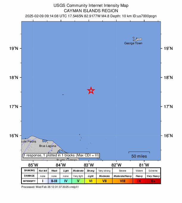 USGS DYFI community-reported intensity map for the M4.8 earthquake near 243 km NE of Barra Patuca, Honduras