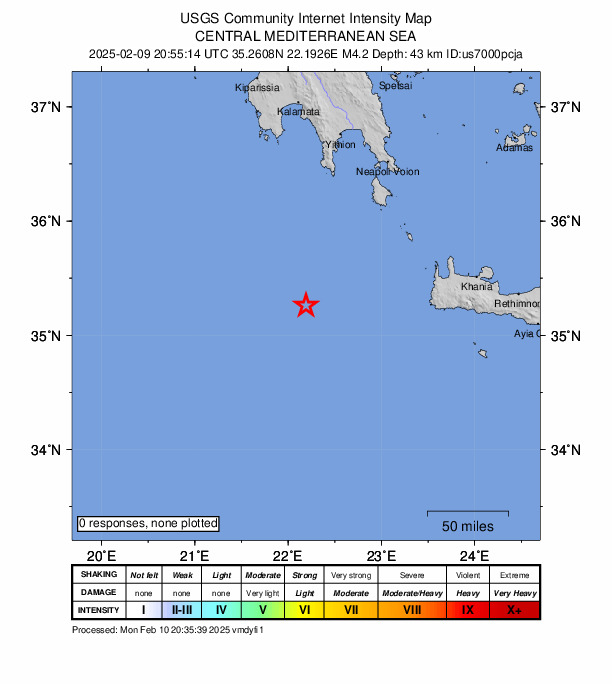 USGS DYFI community-reported intensity map for the M4.3 earthquake near 116 km SW of Kýthira, Greece