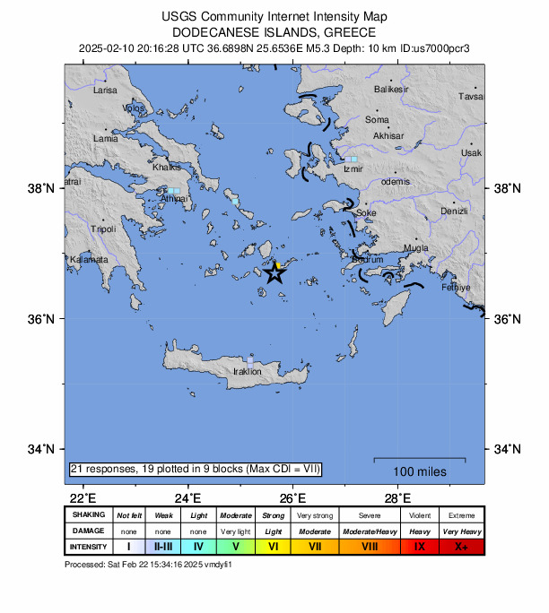 USGS DYFI community-reported intensity map for the M5.3 earthquake near 26 km SW of Amorgós, Greece