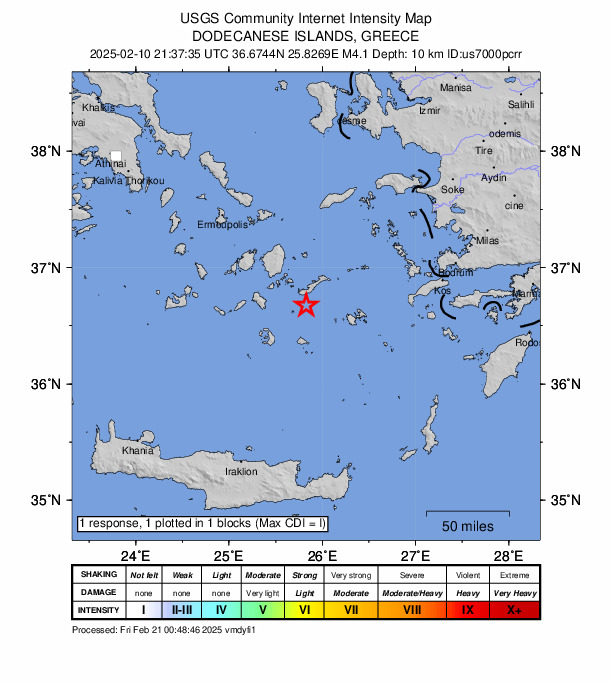 USGS DYFI community-reported intensity map for the M4.1 earthquake near 18 km SSW of Amorgós, Greece