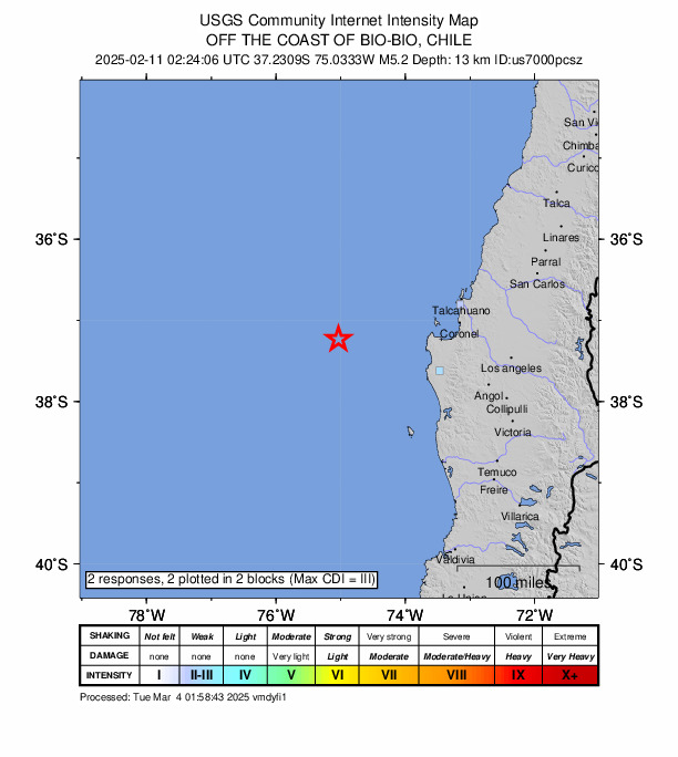 USGS DYFI community-reported intensity map for the M5.2 earthquake near 129 km WNW of Lebu, Chile