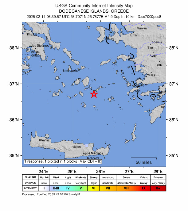USGS DYFI community-reported intensity map for the M4.9 earthquake near 18 km SW of Amorgós, Greece