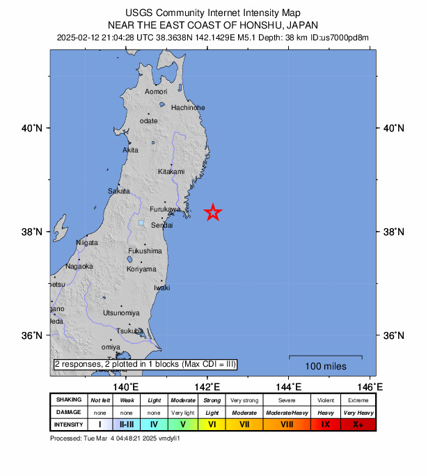 USGS DYFI community-reported intensity map for the M5.1 earthquake near 61 km E of Onagawa Chō, Japan