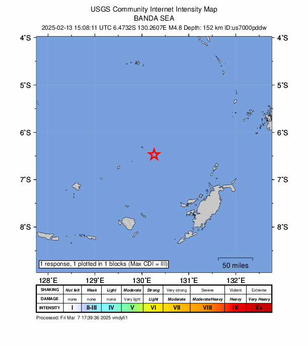 USGS DYFI community-reported intensity map for the M4.8 earthquake near 291 km WSW of Tual, Indonesia