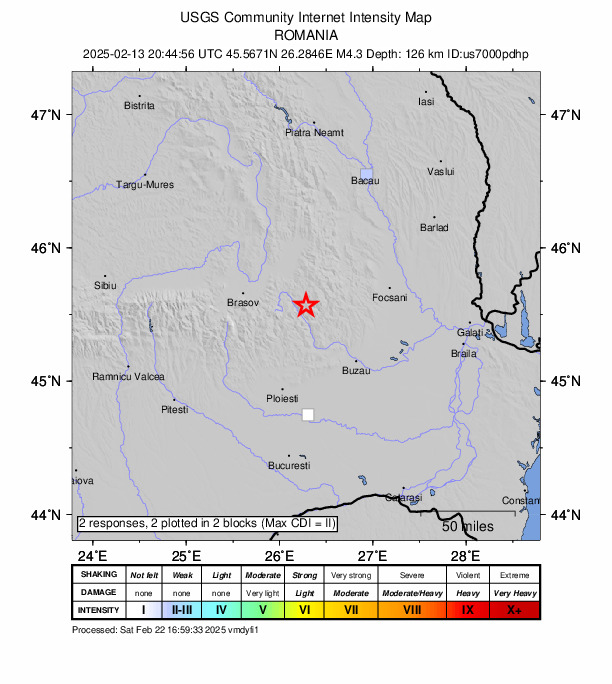 USGS DYFI community-reported intensity map for the M4.3 earthquake near 8 km N of Cașoca, Romania