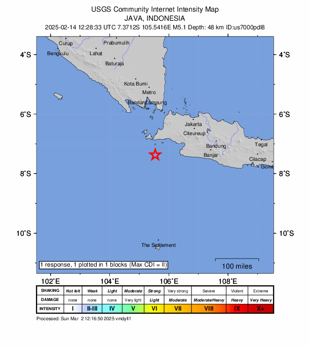 USGS DYFI community-reported intensity map for the M5.1 earthquake near 114 km SSW of Labuan, Indonesia
