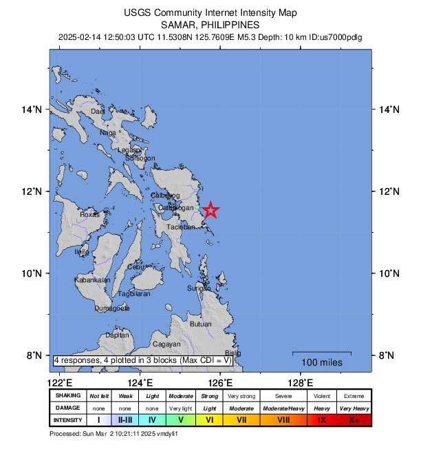 USGS DYFI community-reported intensity map for the M5.3 earthquake near 26 km ENE of Llorente, Philippines
