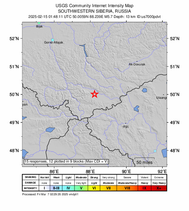 USGS DYFI community-reported intensity map for the M5.7 earthquake near 32 km W of Kosh-Agach, Russia
