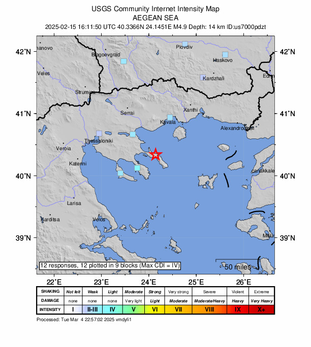 USGS DYFI community-reported intensity map for the M4.9 earthquake near 12 km E of Ouranoupolis, Greece