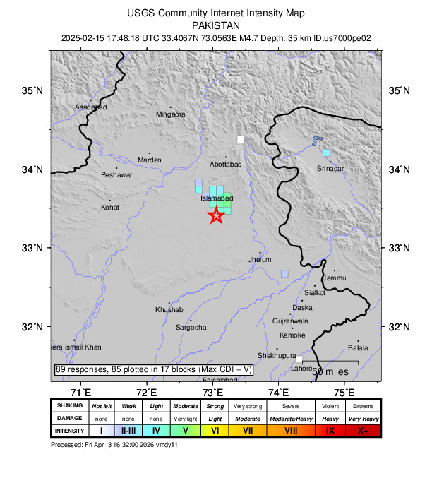 USGS DYFI community-reported intensity map for the M4.7 earthquake near 21 km S of Rawalpindi, Pakistan