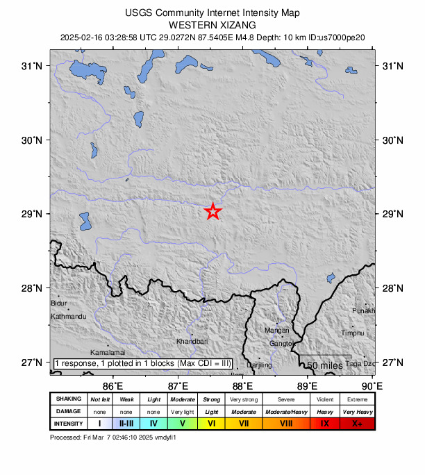 USGS DYFI community-reported intensity map for the M4.8 earthquake near 130 km NNE of Lobuche, Nepal