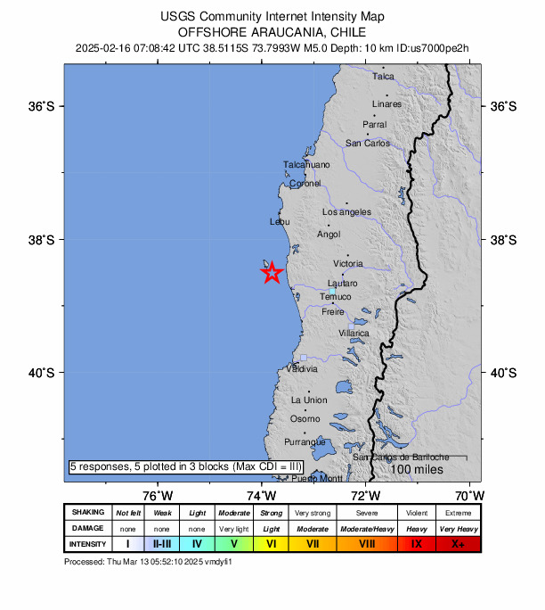 USGS DYFI community-reported intensity map for the M5.0 earthquake near 57 km WNW of Carahue, Chile