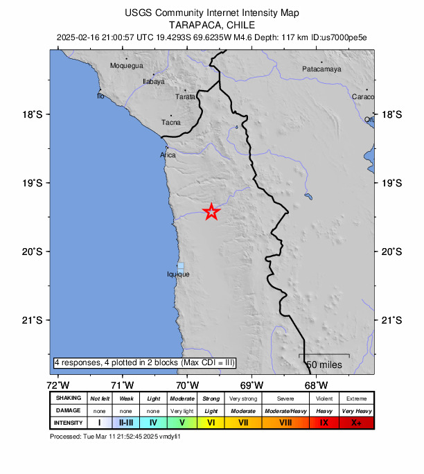USGS DYFI community-reported intensity map for the M4.6 earthquake near 24 km WSW of Camiña, Chile
