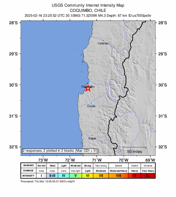 USGS DYFI community-reported intensity map for the M4.3 earthquake near 17 km S of Coquimbo, Chile