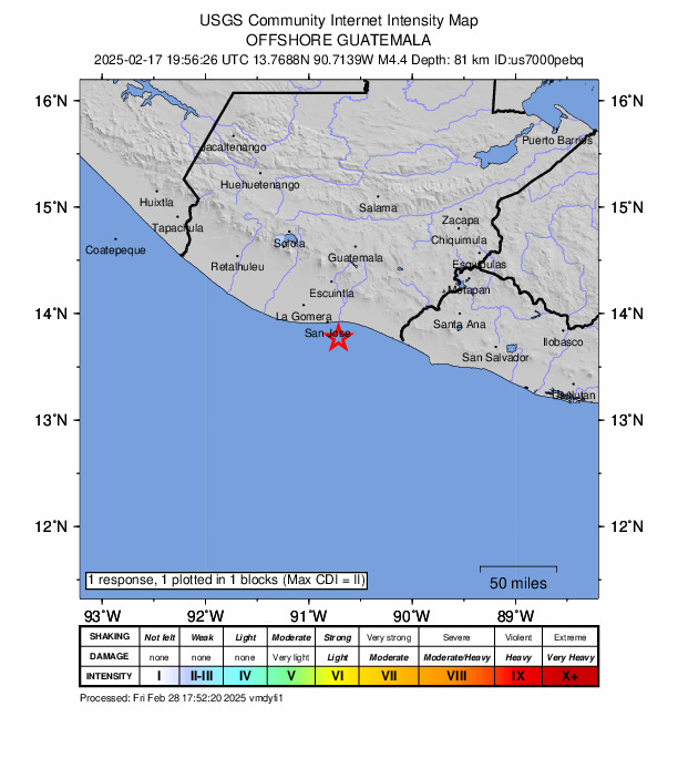 USGS DYFI community-reported intensity map for the M4.4 earthquake near 18 km S of Iztapa, Guatemala