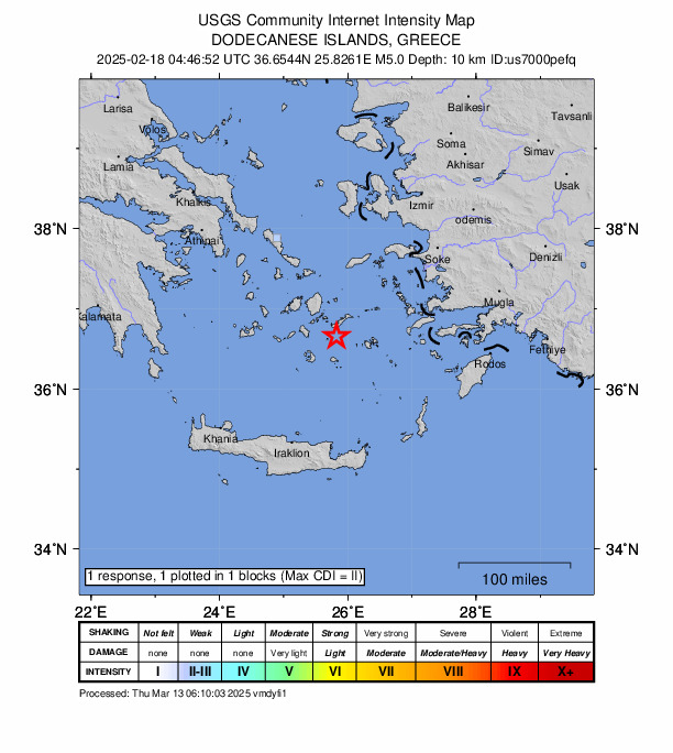 USGS DYFI community-reported intensity map for the M5.0 earthquake near 20 km SSW of Amorgós, Greece