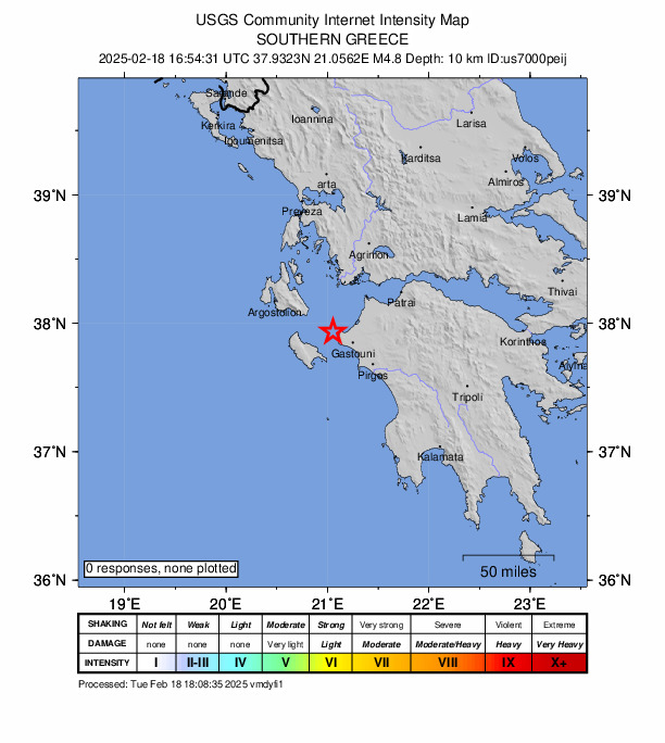 USGS DYFI community-reported intensity map for the M4.7 earthquake near 8 km WNW of Kyllíni, Greece