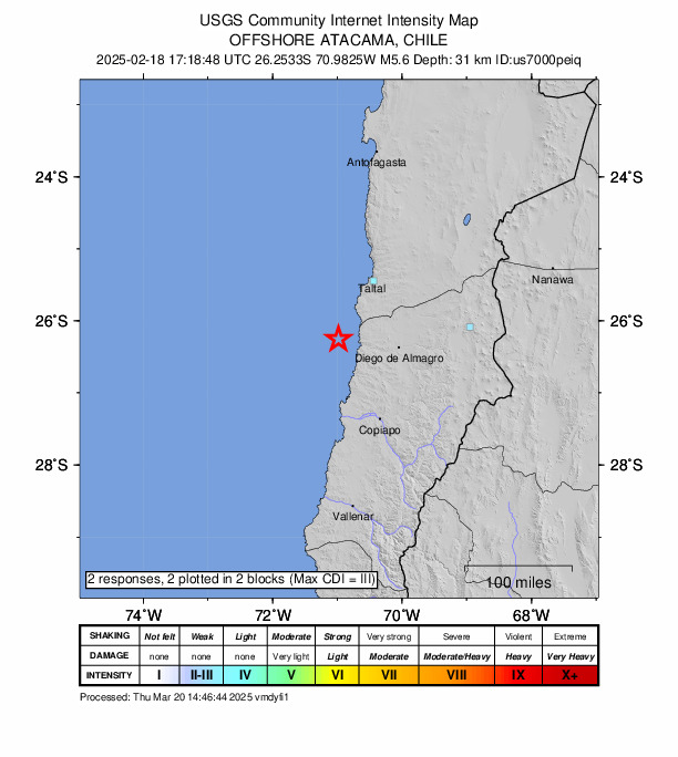 USGS DYFI community-reported intensity map for the M5.6 earthquake near 94 km W of Diego de Almagro, Chile