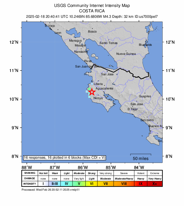 USGS DYFI community-reported intensity map for the M4.3 earthquake near 10 km W of Santa Cruz, Costa Rica