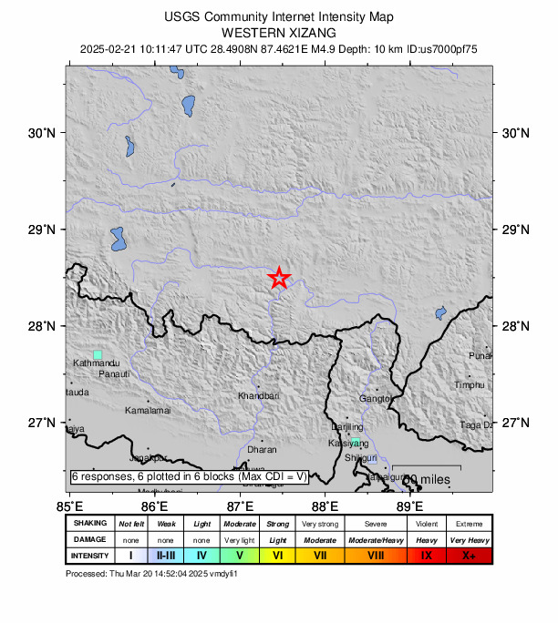 USGS DYFI community-reported intensity map for the M4.9 earthquake near 87 km NE of Lobuche, Nepal